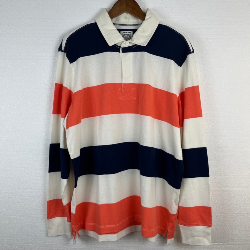 Lands End Striped Rugby Long Sleeve Shirt Mens XL‎ Orange Blue Collared Preppy